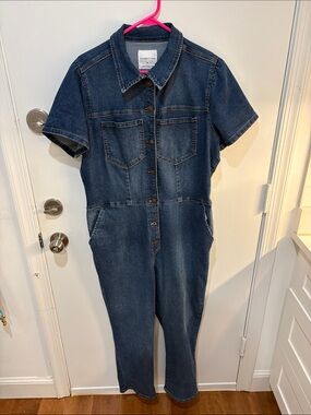 Celebrity Pink Dark Blue Denim Short-Sleeve Jumpsuit